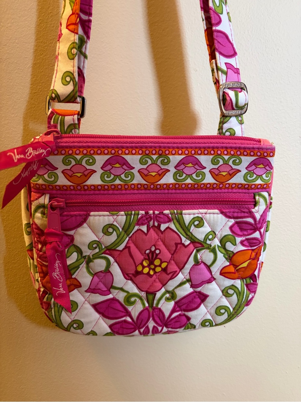 Vera Bradley Pink Floral Quilted Crossbody with Green Accents